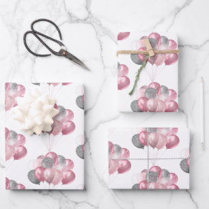 Glittery Balloon Bunch Pink und Silver Muster Geschenkpapier Set