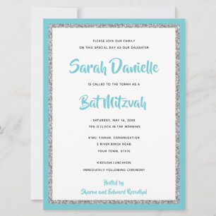 Glittery Bat Mitzvah Blue und Silver Large Einladung