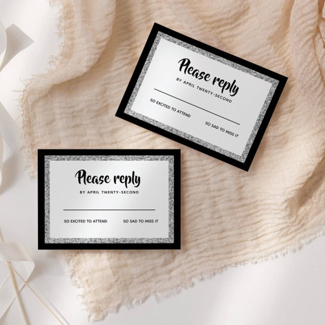 Glittery Bat Mitzvah Elegant Schwarz und Silber RSVP Karte (Von Creator hochgeladen)