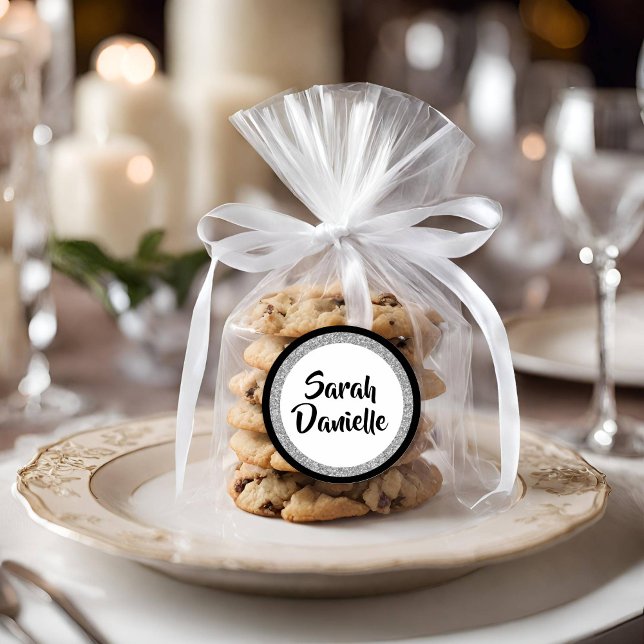 Glittery Bat Mitzvah Elegant Schwarz und Silber Runder Aufkleber (Von Creator hochgeladen)