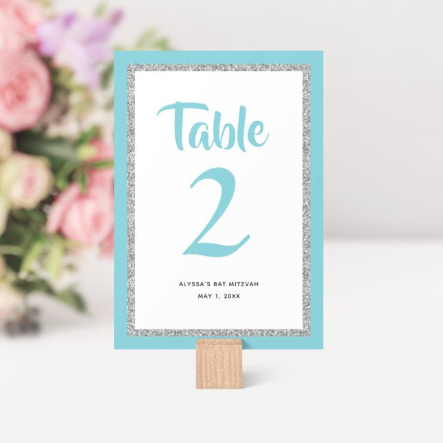 Glittery Bat Mitzvah Light Blue und Silver Tischnummer (Von Creator hochgeladen)