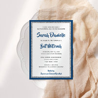 Glittery Bat Mitzvah Navy Blue & Silver Rectangle
