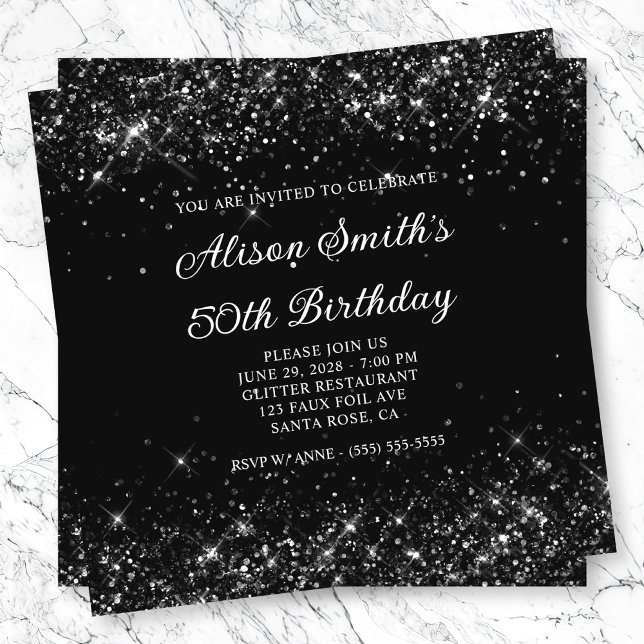 Glittery Black 50. Geburtstag Einladung (Glittery Black 50th Birthday Invitation)