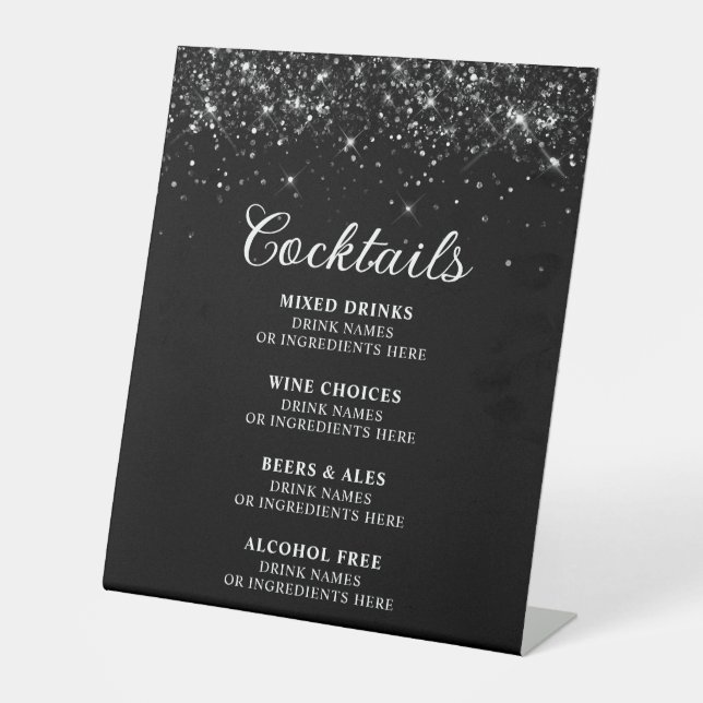 Glittery Black Cocktails Bar Menu Sockelschild (Vorderseite)
