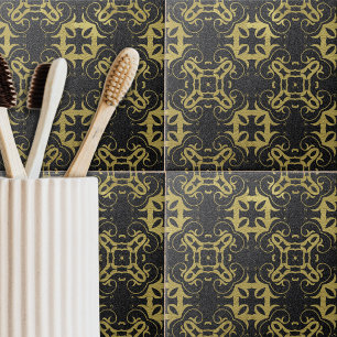 Glittery Black Faux Gold Metallic Damask Pattern Fliese