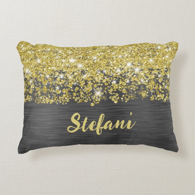Glittery Black Gold Glam Script Name Accent Pillow Dekokissen (Vorderseite)