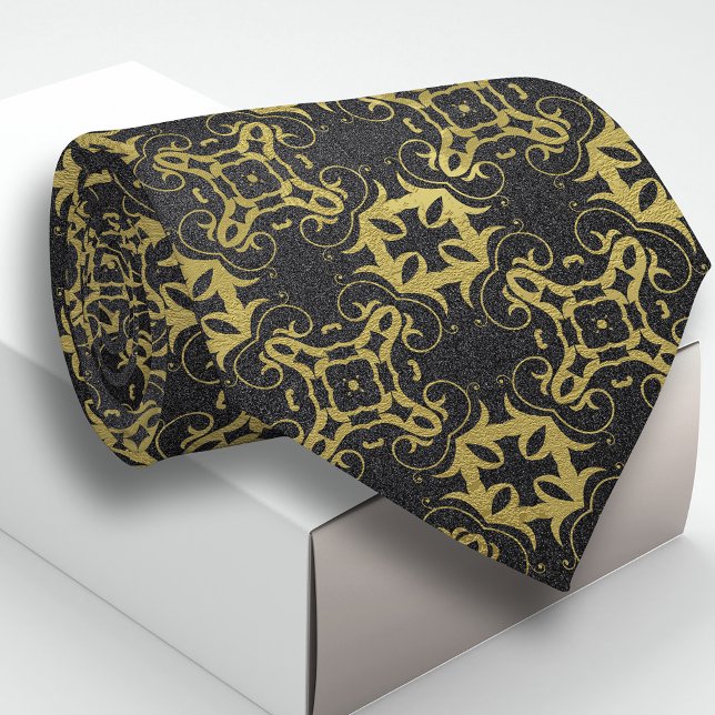 Glittery Black Imitats Gold Metallic Damask Muster Krawatte (Von Creator hochgeladen)