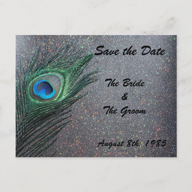 Glittery Black Peacock Save the Date Ankündigungspostkarte (Vorderseite)