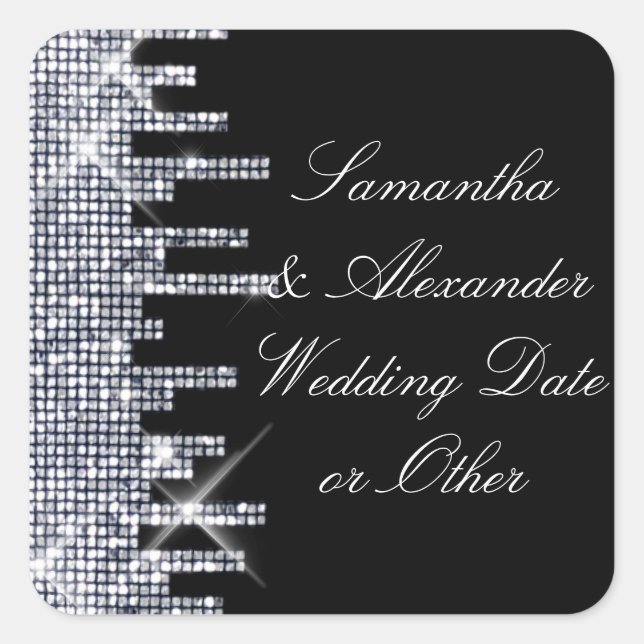 Glittery Black/Silver Glamour Wedding Custom Quadratischer Aufkleber (Vorderseite)