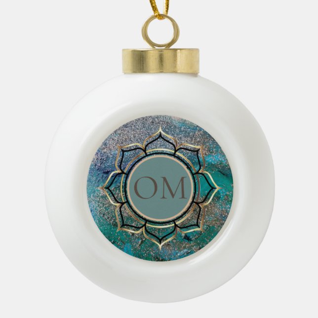 Glittery Blue Elegante OM Lotus Keramik Ball Chr Kugel-Ornament (Vorderseite)
