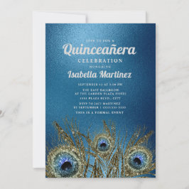 Glittery Blue Gold Peacock Feathers Quinceañera Einladung