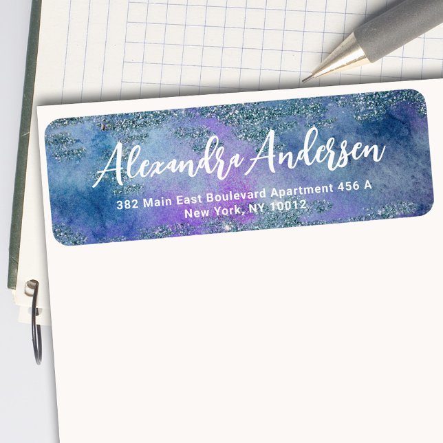 Glittery Blue Lila Watercolor Rücksendeadresse (Von Creator hochgeladen)