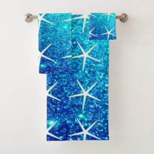Glittery Blue Ombre Aquamarin Sparkle Starfish Mus Badhandtuch Set