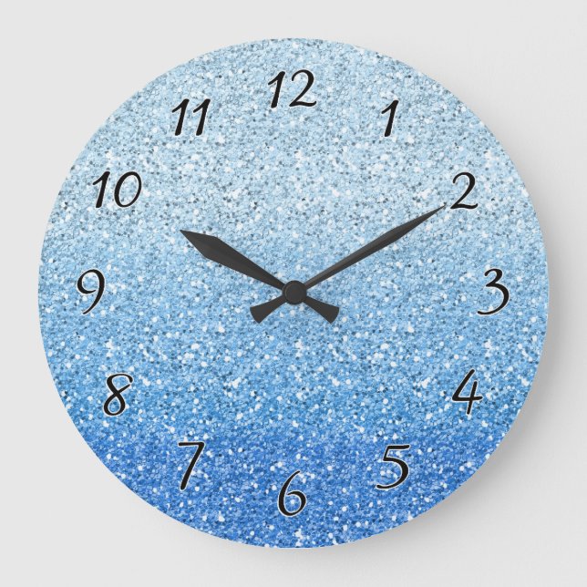 Glittery Blue Ombre Spectrum Große Wanduhr (Vorderseite)