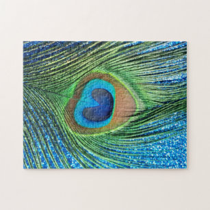Glittery Blue Peacock Feather Still Life Puzzle