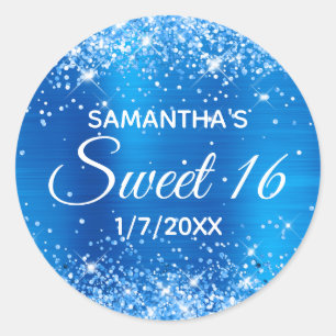 Glittery Bright Blue Foil Sweet 16 Runder Aufkleber