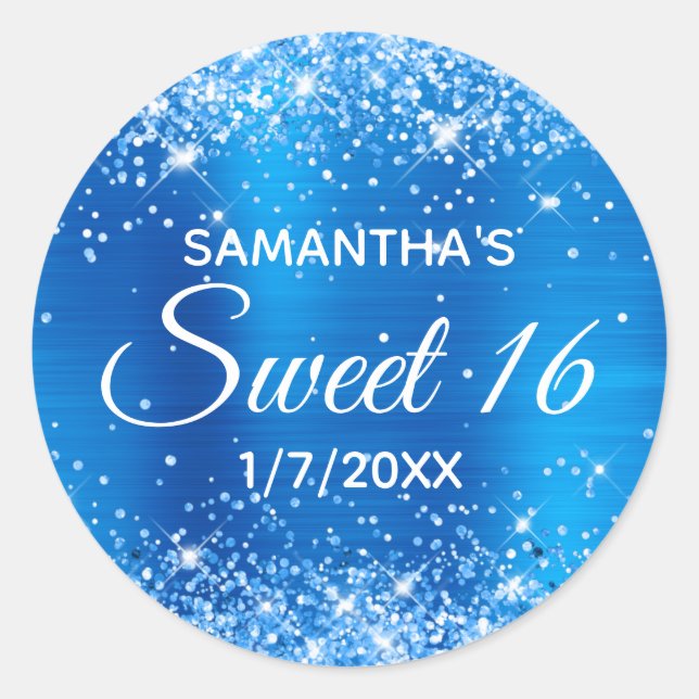 Glittery Bright Blue Foil Sweet 16 Runder Aufkleber (Vorderseite)