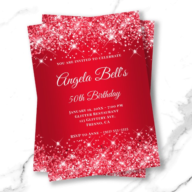 Glittery Bright Red Ombre Extravagant Monogram Einladung (Glittery Bright Red Ombre Fancy Monogram Invitation)