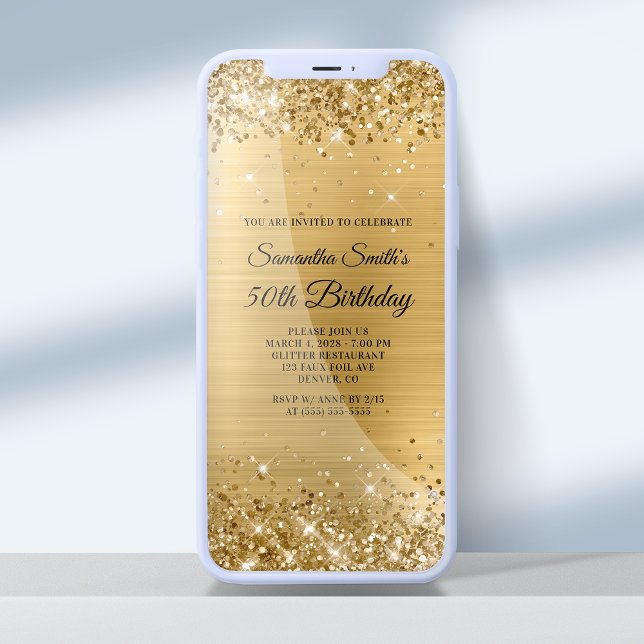 Glittery Brushed Gold Foil 50. Geburtstag Einladung (Von Creator hochgeladen)