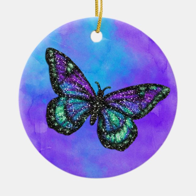 Glittery Butterfly auf Wasserfarbe Keramik Ornament (Vorne)