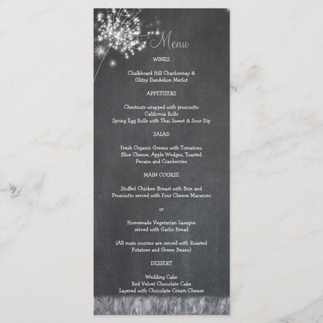 Glittery Chalkboard Dandelions Wedding Menu Menükarte (Vorderseite)