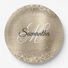 Glittery Champagne Foil Extravagant Monogram Pappteller
