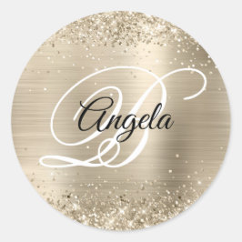 Glittery Champagne Foil Extravagant Monogram Runder Aufkleber