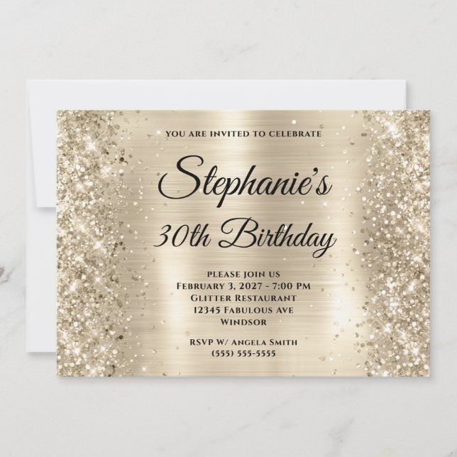 Glittery Champagne Gold Foil 30. Geburtstag Einladung (Vorderseite)
