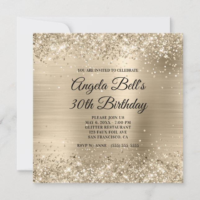 Glittery Champagne Gold Foil Extravagant Monogram Einladung (Vorderseite)