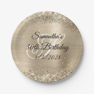 Glittery Champagne Monogram 30. Geburtstag Pappteller