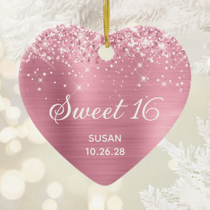Glittery Classic Pink Foil Sweet 16 Foto Keramik Ornament