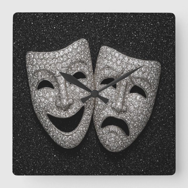 Glittery Comedy & Tragedy Drama Mask Quadratische Wanduhr (Vorderseite)