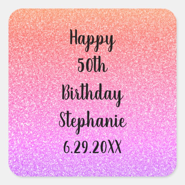 Glittery Custom Happy Birthday Name Rose Gold Pink Quadratischer Aufkleber (Vorderseite)