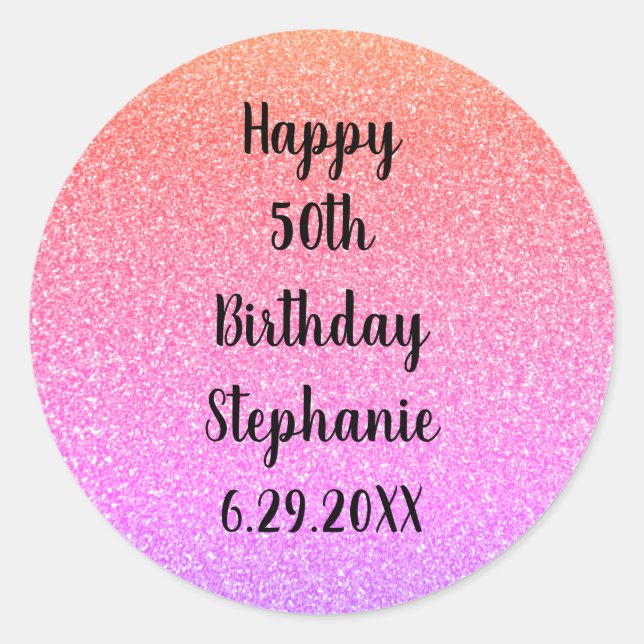 Glittery Custom Happy Birthday Name Rose Gold Pink Runder Aufkleber (Vorderseite)