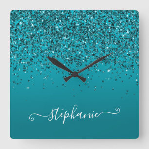 Glittery Dark Turquoise Gradient Girly Calligraphy Quadratische Wanduhr