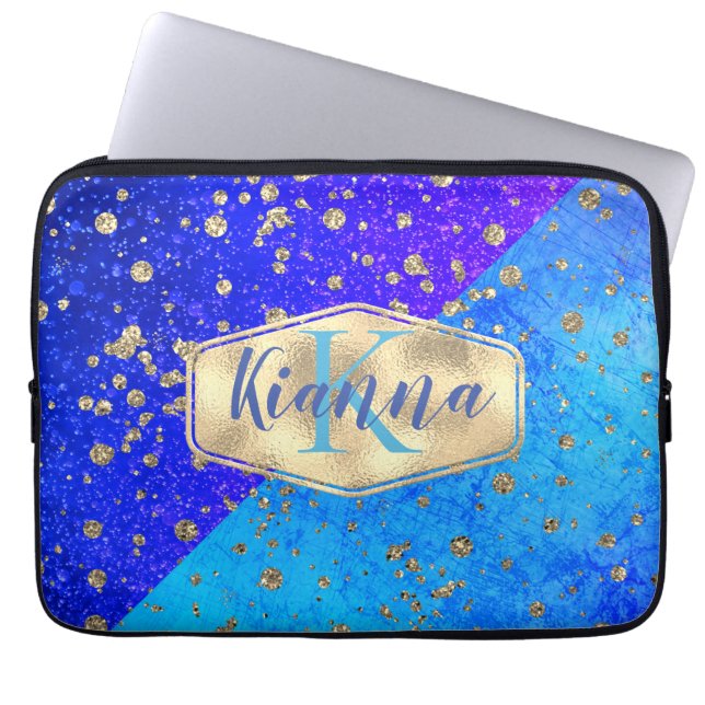 Glittery Dreamy Blue Monogram Personalisiert Laptopschutzhülle (Vorderseite)