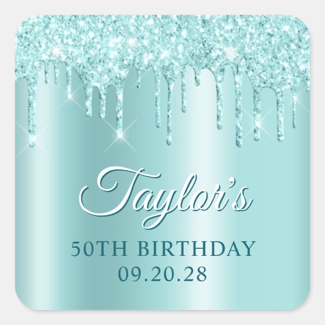 Glittery Drips Light Turquoise Ombre Drop Shadow Quadratischer Aufkleber (Vorderseite)