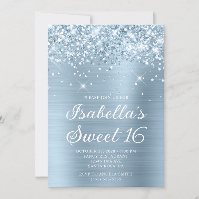 Glittery Dusty Blue Foil Sweet 16 Foto Einladung (Vorderseite)