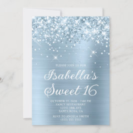 Glittery Dusty Blue Foil Sweet 16 Foto Einladung