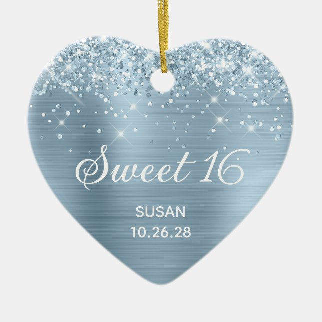 Glittery Dusty Blue Foil Sweet 16 Foto Keramik Ornament (Vorne)