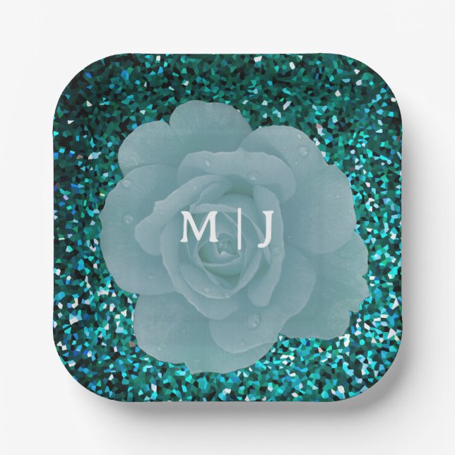 Glittery Dusty Blue Rose Monogram Elegant Wedding Pappteller (Vorderseite)