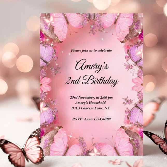 Glittery Elegant Pink Purple Butterfly Birthday Einladung (butterfly birthday invitation, pink butterfly birthday, little butterfly birthday, our little butter)