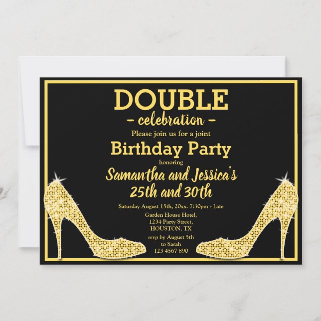 Glittery Funkelnd Gold Stilettos Double Birthday Einladung (Vorderseite)