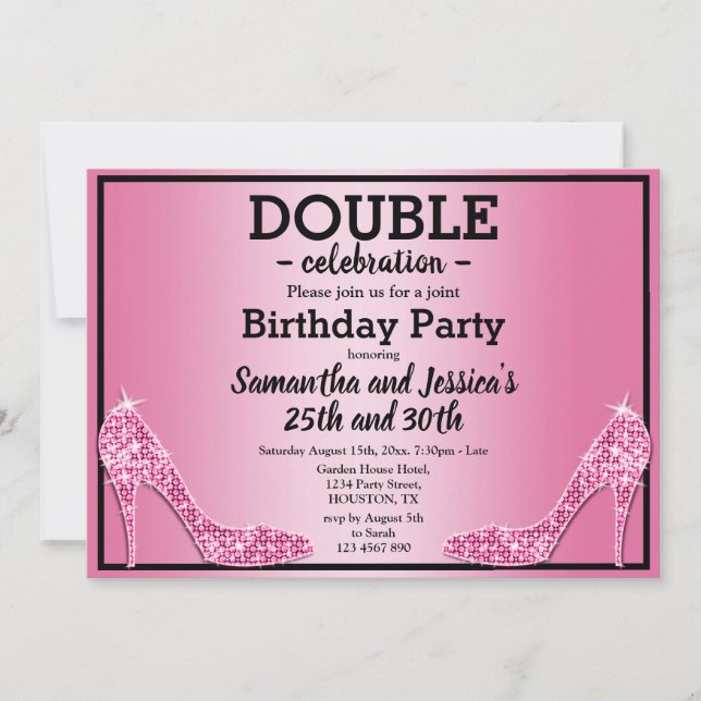 Glittery Funkelnd Pink Stilettos Double Birthday Einladung (Vorderseite)