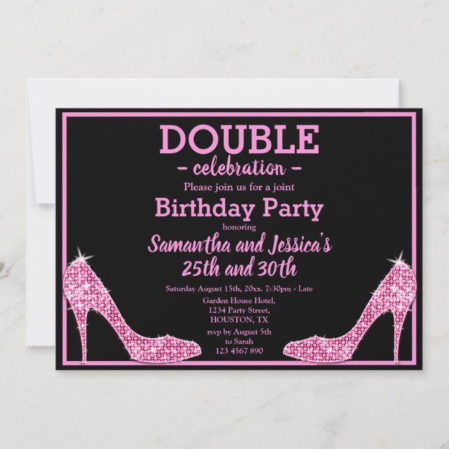 Glittery Funkelnd Pink Stilettos Double Birthday Einladung (Vorderseite)