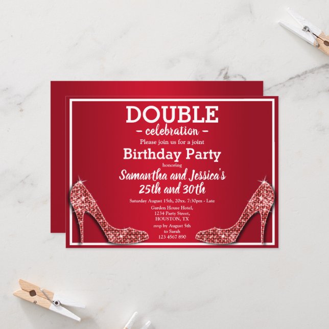 Glittery Funkelnd Red Stilettos Double Birthday Einladung (Vorderseite/Rückseite Beispiel)