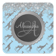 Glittery Giraffe auf Blue Monogram Personalisiert