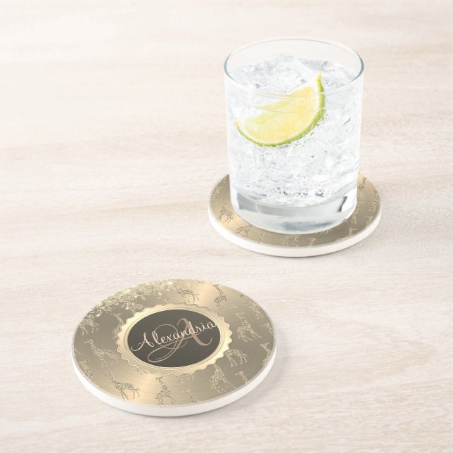 Glittery Giraffen auf Glitzy Gold Monogram Getränkeuntersetzer (Seite)