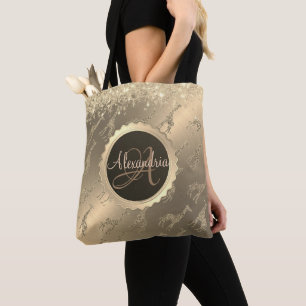 Glittery Giraffen auf Glitzy Gold Monogram Tote Ba