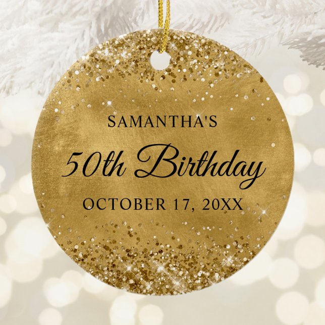 Glittery Gold 50. Geburtstag Keramik Ornament (Glittery Gold Foil Birthday Photo Ceramic Ornament)